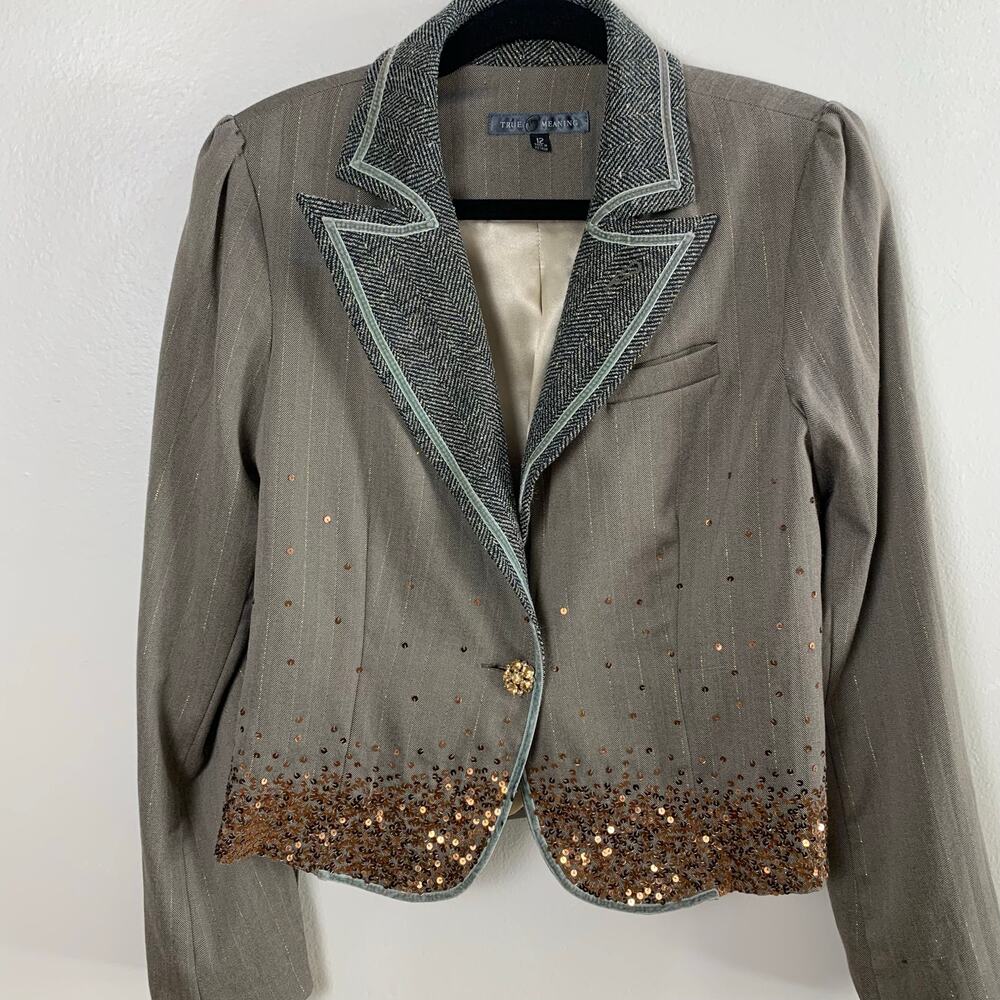 Vintage True Meaning Blazer Sequin Pinstripe Tweed Trim Jacket Size 12 Jewels - Picture 2 of 10